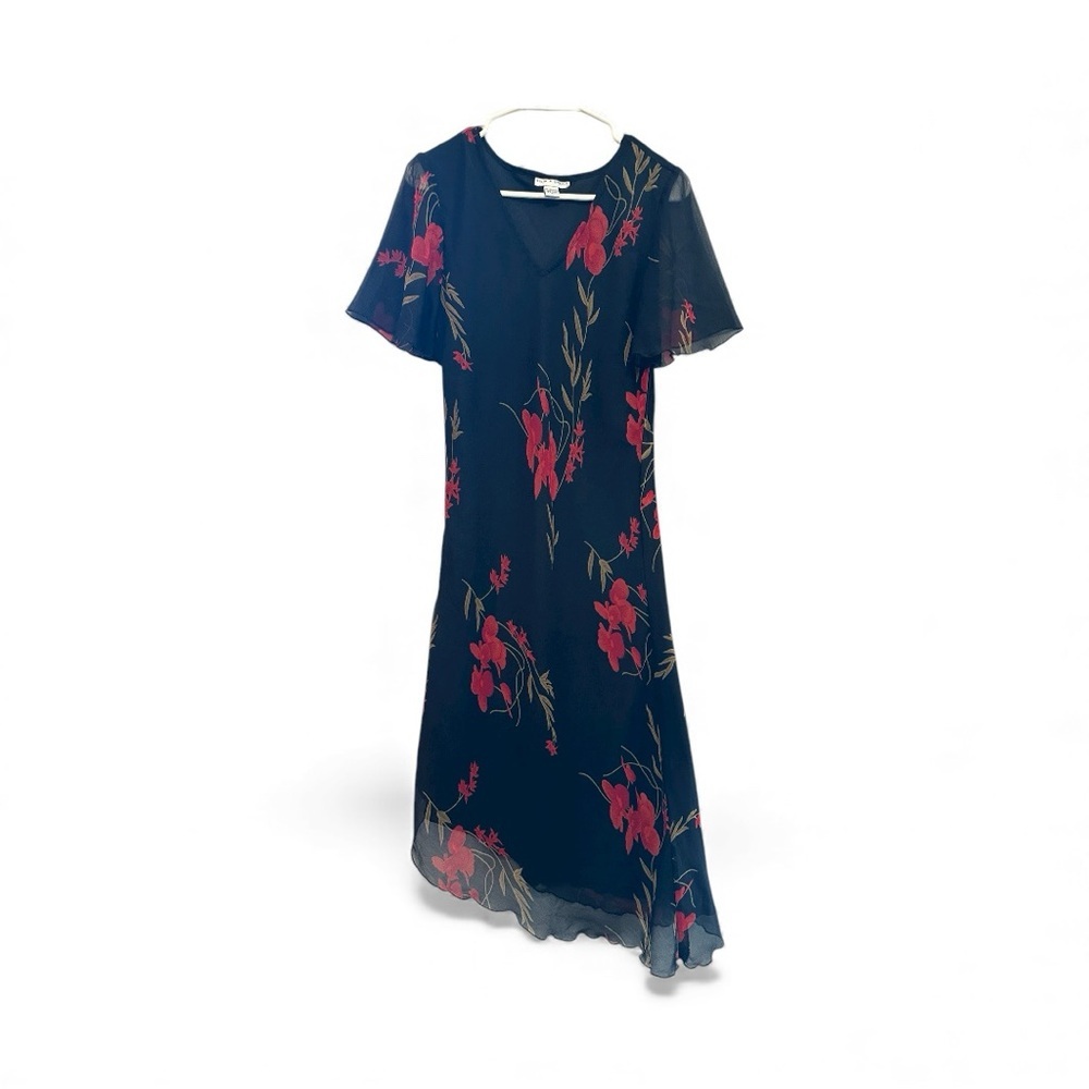 Vintage 90’s Style N Design Black Dress with Red Floral Design Size Small